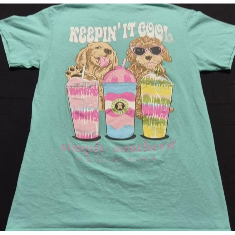 Southern Comfort women's teal dog/coffee theme graphic t-shirt Keep it Cool sz S